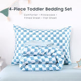 Wake In Cloud - Toddler Bedding Set for Boys Girls, Cute Gingham Grid Checkered, 4 Pieces Soft Crib Bed Set Including Comforter, Sheets and Pillowcase, Blue White Wake In Cloud