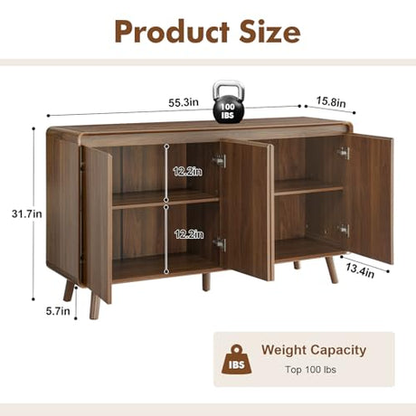 Nasonet Mid Century Modern Buffet Cabinet with Storage, 55 Inch Sideboard Credenza with Doors & Shelves Console Coffee Bar Table for Living Room, Kitchen, Dining Room and Hallway, Walnut Nasonet