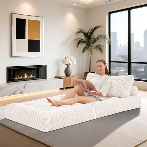 HABUTWAY Folding Sofa Bed, Convertible Sleeper Chair Bed w/Dual-Pillow & Handle, Foldable Floor Sofa Lounge w/Back Support for Living Room, Bedroom, Apartment, Office, Single, Beige HABUTWAY