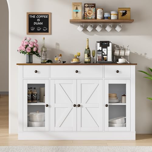 4 EVER WINNER Buffet Cabinet with 4 Doors and 3 Drawers, 55" Kitchen Buffet Storage Cabinet with Adjustable Shelves, Modern Coffee Bar Cabinet for Kitchen, Dinning Living Room, Entryway, Whit - WoodArtSupply