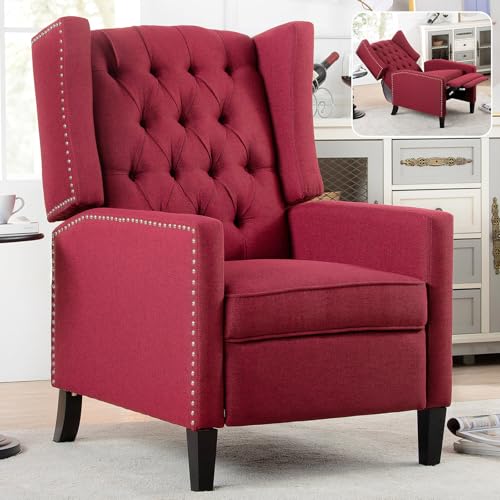 Wingback Recliner Chairs with Foldable Side Table&USB Charging Ports,Mid Century Accent Single Sofa Small Recliner Chair,Modern Comfy Pushback Reclining Chair for Living Room (Fabric, Wine Red)