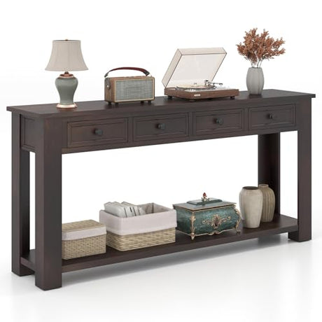Giantex 63" Farmhouse Console Table with 4 Drawers, Modern Wood Entryway Table, Narrow Long Sofa Tables with Open Storage Shelf for Living Room, Hallway, Entrance, Foyer, Rustic Vintage, Espresso Giantex