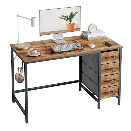 CubiCubi 47 Inch Computer Desk with 4 Drawers, Home Office Small Desk with Storage, Modern Study Writing Desk, Rustic Brown - WoodArtSupply