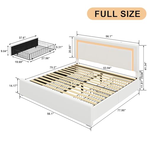 Benevika Full Bed Frame with 4 Storage Drawers and Adjustable Headboard, Upholstered Platform Bed with LED Lights and USB Ports, Solid Wooden Slats Support, Faux Leather, Easy Assembly, Beige Benevika