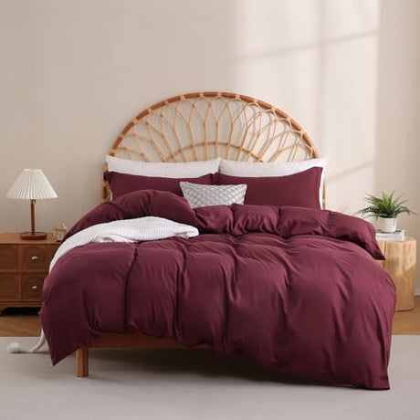 JSD Burgundy Duvet Cover Set Queen Size, 3 Piece Duvet Cover with Pillow Shams, Soft Brushed Microfiber Zipper Closure, Comforter Not Included JSD