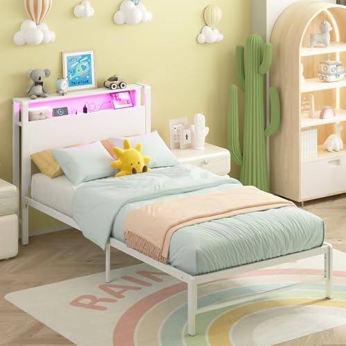 Weehom Twin Bed Frames with 2 Tiers Wood Storage Shelves Headboard, Twin Size Bed with Charger Stations and LED Light Under Bed Storage Space Platform Bed for Kids, Girls and Adults, White Weehom