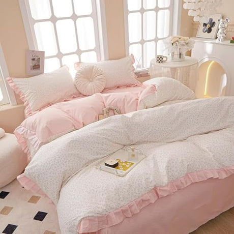 AMZTOP Princess Twin XL Duvet Cover Pink Floral 100% Cotton with Ruffle, Coquette Bedding, Teen Girls Romantic Comforter Cover with Zipper Closure, 3 Pcs Floral Aesthetic Bedding Sets 68"x90" AMZTOP