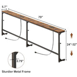 YGEOMER 79in Behind The Couch Table Skinny Adjustable Height Sofa Table with Outlet Narrow Console Table with LED Lights, Rustic Brown YGEOMER