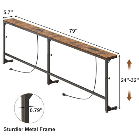 YGEOMER 79in Behind The Couch Table Skinny Adjustable Height Sofa Table with Outlet Narrow Console Table with LED Lights, Rustic Brown YGEOMER