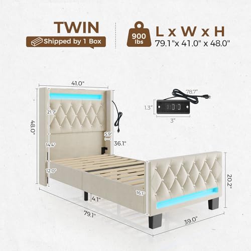 Rolanstar Twin Bed Frame with LED Light and Charging Station, Upholstered High Headboard and Footboard, Wood Slats, Noise Free, Easy Assembly, Beige Rolanstar