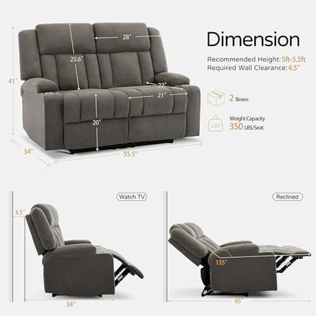 AIWOEN Manual Recliner Loveseat with Cup Holders, 2-Seater Fabric Reclining Sofa, Compact Wall Hugger Couch for RV, Small Living Room & Home Theater, Brown AIWOEN