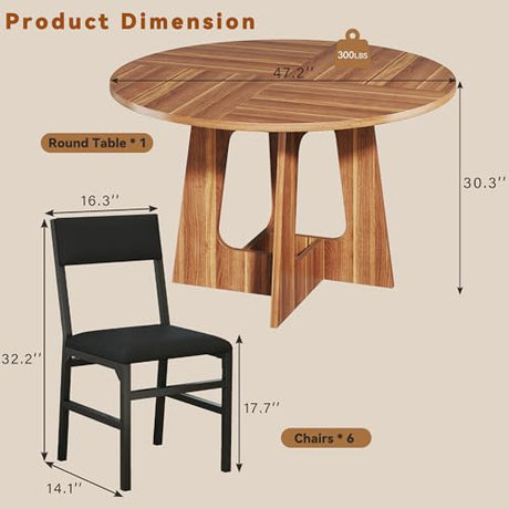 HUAHUU Round Dining Table Set for 6, 7-Piece Kitchen Table and Chairs for 6, 47'' Round Dining Room Table Set with 6 Chairs, Space Saving Dining Table with Wood Base for Kitchen, Living Room, Brown HUAHUU