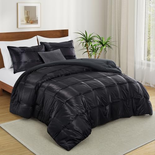 Lanest Housing Twin Size Satin Comforter Set Black, 2 Pieces Soft and Lightweight Silk Bedding, All Season Fluffy Down Alternative Comforter Bed Set Lanest Housing