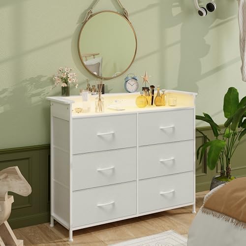 Welfuturer White Dresser for Bedroom with Charing Station and LED Light 6 Drawer Dresser with PU Finish Fabric Chest of Drawers for Closet Living Room Hallway Sturdy Steel Frame Double Wooden Tabletop