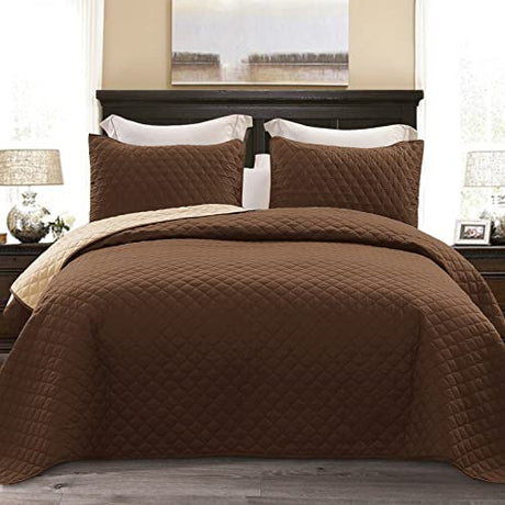 Exclusivo Mezcla Reversible Full Queen Quilt Bedding Set with Pillow Shams, Lightweight Quilts Queen Size, Soft Bedspreads Bed Coverlets for All Seasons - (Chocolate Brown, 90"x96") Exclusivo Mezcla