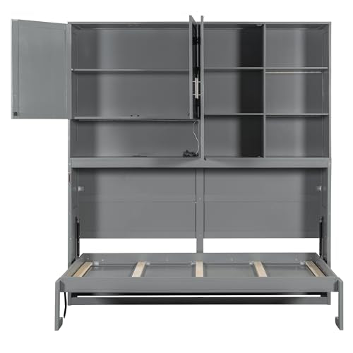Merax Twin Size Wall Murphy Bed with Top Cabinet, Shelves,Space Saving Foldable Bed with Light & USB,Sleeping Arrangement for Multipurpose Area, Bedroom, Guest Room or Living Room,Gray Merax