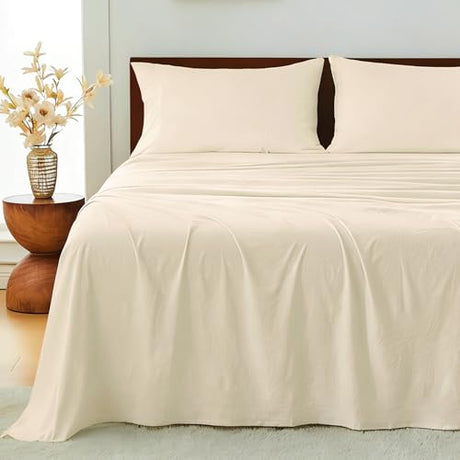 GOKOTTA 4-Pcs King Size Sheets Set, 10-16" Deep Pocket, Non-Slip Elastic Corner Straps, Washed & Brushed Microfiber Polyester - Hotel Luxury, Ultra Soft, Breathable, Wrinkle-Free, Anti-Rip - Beige GOKOTTA