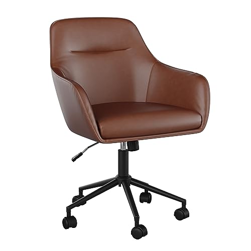 Martha Stewart Rayna Swivel Task Chair with Flared Arms for Home Office in Saddle Brown Faux Leather with Oil Rubbed Bronze Frame Martha Stewart