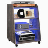Rresyet 22.1" Record Player Stand with Charging Station & LED Lights,4-Tier Vinyl Record Storage with Wheel & Open Divided Shelves, Record Cabinet for Music Room, Living Room Rresyet