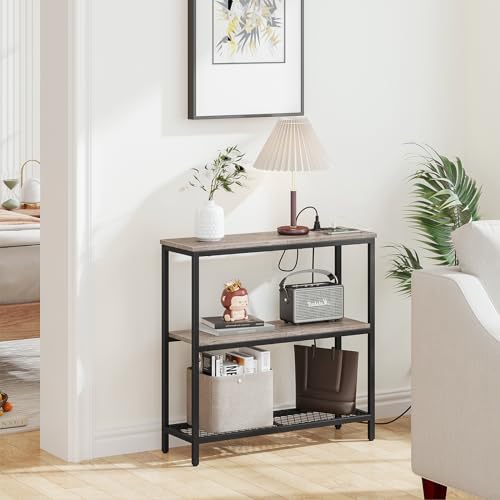 Snughome Console Table with Power Outlets, Entryway Table with Storage, Narrow Sofa Table with 3 Tier Shelves, 2 USB Ports, 2 Power Outlets, Hallway Table for Couch, Living Room, Entrance, Grey Snughome