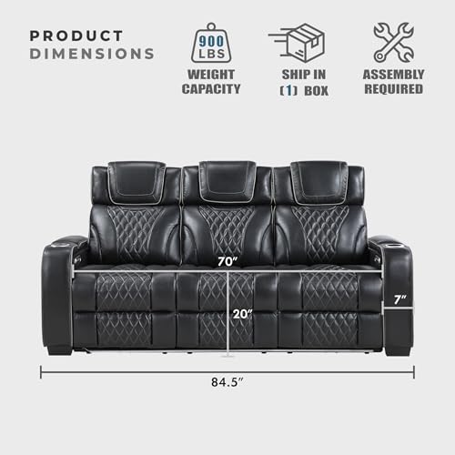 Lexicon Power Double Reclining Sofa, Center Drop-Down Table with Heat/Massage/Headrest/Storage Arms/Cup Holders/LED Lights/Wireless Charging, Top Grain Leather Match Wall Hugger Recliner Sofa, Black