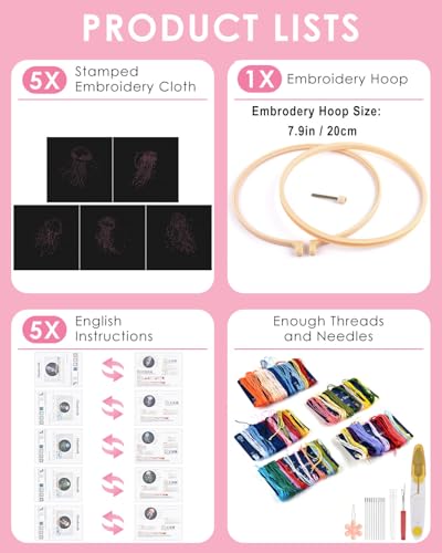 TINDTOP Embroidery Kit for Adults, 5 Sets Jellyfish Embroidery Kit for Beginners Include Embroidery Cloth Hoops Threads for Craft Lover Hand Stitch with Embroidery Skill Techniques TINDTOP