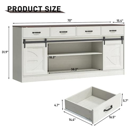 chartustriable 70” Large Long Buffet Sideboard Cabinet w/4 Drawer,Farmhouse Buffet Storage Cabinet,Sliding Door,Buffet, Credenza for Living Room,White chartustriable