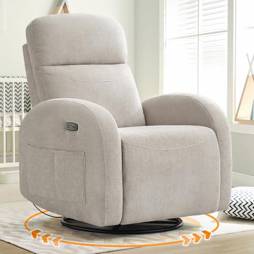 AEMEIOS Nursery Glider Recliner, Power Swivel Rocking Recliner with USB & Type-C Port, Swivel Nursering Reclining Rocker with Double Pockets for Living Room, Camel Chenille