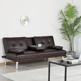 Futon Sofa Bed Modern Folding Couch for Small Space, Faux Leather Convertible Loveseat Sleeper Bed Daybed Recliner Lounge Sofas for Living Room,2 Cup Holders,Metal Legs,Removable Armrests (Brown) Anwick