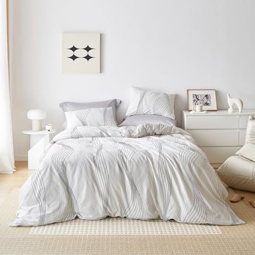 SUSYBAO Aesthetic Striped Duvet Cover King 100% Cotton 3 Pcs Set 1 Abstract Black Stripe Duvet Cover with Zipper Ties 2 Pillowcases Minimalist White Pinstripe Bedding Set Soft Comfy SUSYBAO