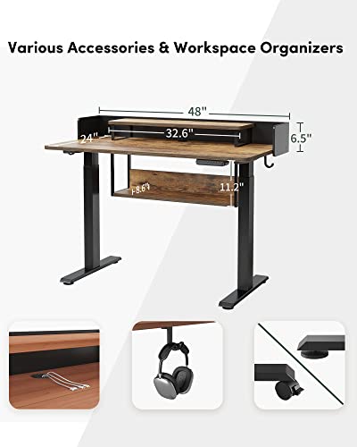 BANTI 48"x24" Standing Desk Adjustable Electric Height with Monitor Stand, Double Storage Shelves Stand Up Desk, Home Office Workstation Sit Stand up