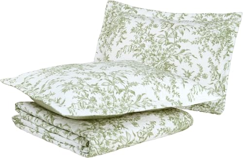 Laura Ashley - Twin Quilt Set, Reversible Cotton Bedding with Matching Sham, Lightweight Home Decor for All Seasons (Bedford Green/Off-White, Twin) Laura Ashley