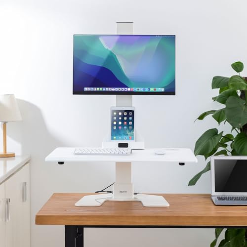 Mount-It! Electric Standing Desk Converter, Adjustable Tabletop Sit Stand Desk Riser with Single Monitor Mount for Monitors up to 32", Freestanding 28" Wide Platform Rises up to 20.75" White Mount-It!