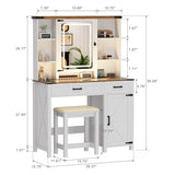 GlasFlength Farmhouse Makeup Desk with Mirror & Light 40'' Glass Tabletop Table with 2 Drawers & Hidden Jewelry Cabinet Rustic Big Vanity Charging Station Set Stool Included Bedroom, Vintage White GlasFlength