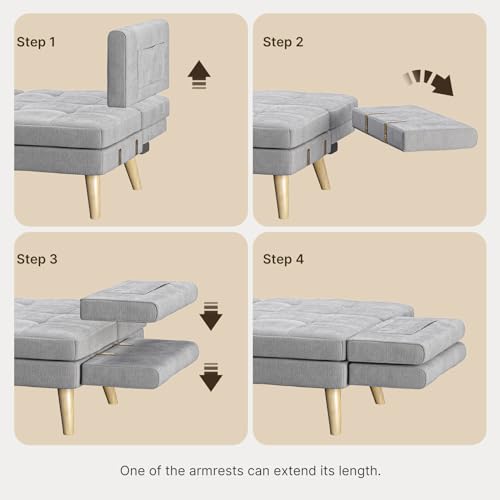 Gizoon 70.9" Sofa Bed, Futon Couch Bed with Adjustable Backrest, Modern Sleeper Sofa with Removable Armrest for Extended Length, Love Seat for Living Room, Office and Small Spaces, Apartment, Grey Gizoon