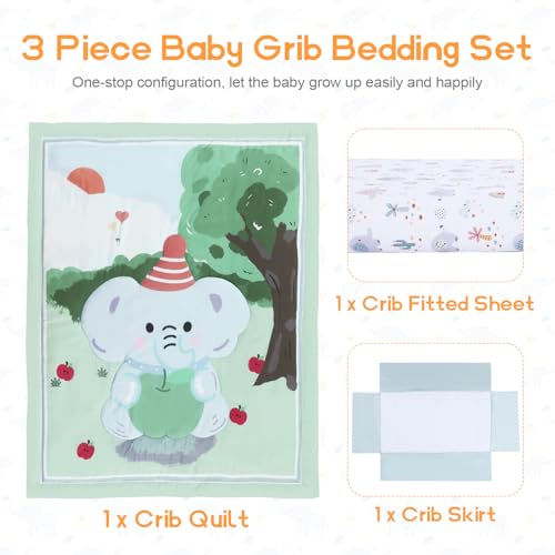 Haleeone 3 Piece Baby Crib Bedding Set – Includes Soft Crib Fitted Sheet, Comforter and Skirt, Crib Nursery Bed Set Decor for Baby Boy and Girl - Elephant Haleeone