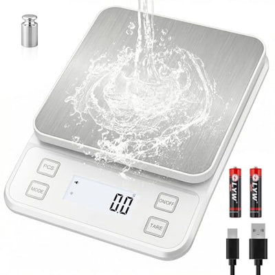 22lb Rechargeable Stainless Steel Scale, Diyife Large Kitchen Food Scale with 0.1g/0.001oz High Precision, LCD Display, 10 Unit, Waterproof IPX67, Washable, Hangable, for Baking, Cooking, White