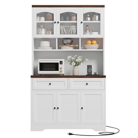 Garvee 71" Pantry Cabinet with Charging Station, Tall Kitchen Pantry Storage Cabinet with Microwave Stand, Farmhouse Kitchen Hutch with Storage Drawers for Living Room, Dining Room, White Garvee