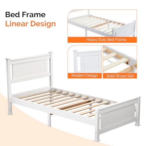 Bonnlo Twin Size Solid Wood Platform Bed Frame with 4 Storage Drawers, Single Bed with Headboard, No Box Spring Needed Panel Bed, Wood Slat Support Mattress Foundation, White Bonnlo