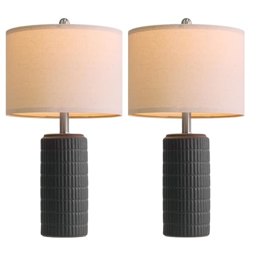 PoKat 23" Matte-Textured Ceramic Table Lamps Set of 2 for Bedroom, Stone-Like Modern Bedside Lamps for Night Stands, Farmhouse Nightstand Table Lamps Decor for Living Room End Table Black PoKat