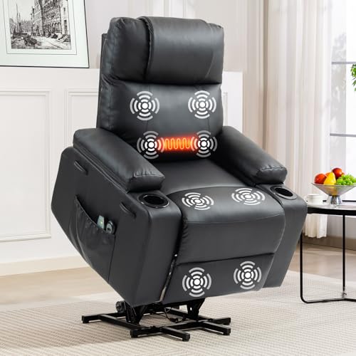 Power Lift Recliner Chair for Elderly with Heat & Massage, 160° Electric Adjustable PU Leather Recliner with Remote Control, Stand Assist, Cup Holders & Side Pockets for Living Room (Black) Vogue Furniture Direct