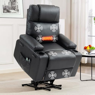 Power Lift Recliner Chair for Elderly with Heat & Massage, 160° Electric Adjustable PU Leather Recliner with Remote Control, Stand Assist, Cup Holders & Side Pockets for Living Room (Black)