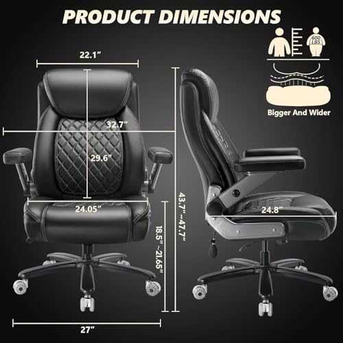 600LBS Large Heavy Duty Office Chair with 5D Flip Arms,Comfy Big and Tall Executive Office Desk Chair with Pocket Spring Cushion,High Back Computer Chair with Lumbar Support,Dual Rubber Wheel Indulgear
