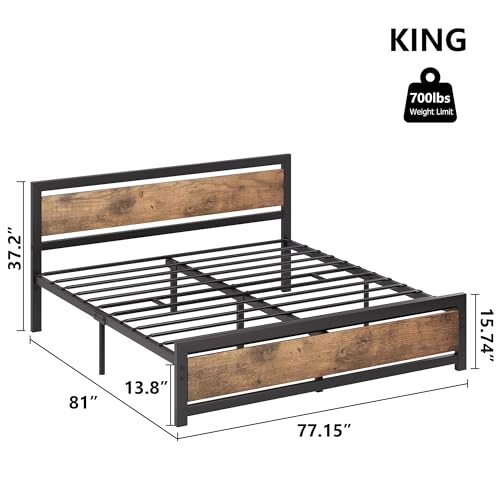 Industrial Rustic King Size Bed Frame with Wooden Headboard, No Box Spring Needed, Easy Assembly - WoodArtSupply