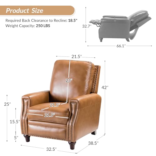 HULALA HOME Genuine Leather Manual Recliner Chair with Adjustable Backrest & Footrest, Mid Century Modern Push Back Recliner with Nailhead Trim & Wood Legs-for Living Room Home Theater, Camel
