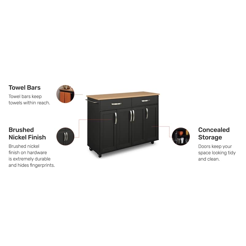 Pemberly Row Contemporary Storage Plus Wood Kitchen Cart in Black