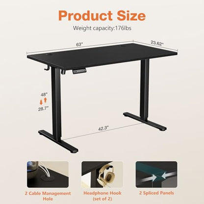 Sweetcrispy Electric Adjustable Height Standing Desk - 63 x 24 inch Sit to Stand Up Desk with Splice Board, Rising Home Office Computer Table with 2 Hook and Wire Hole for Work