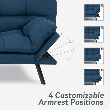 AMICLIBER Futon Sofa Bed Convertible Couch, Blue Linen Sofa Bed with Memory Foam, Adjustable Backrest & Armrests, Multifunctional Small Loveseat Sleeper Sofa for Living Room, Apartment, Office AMICLIBER