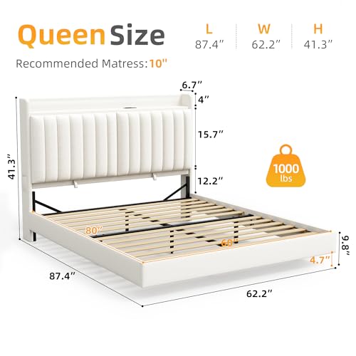 Jocoevol Queen Size Floating Bed Frame with Ergonomic Hidden Storage Headboard and LED Lights, Visual Floating LED Bed Frame with Charing Station, Velvet Upholstered Platform Bed, Heavy Duty, White Jocoevol