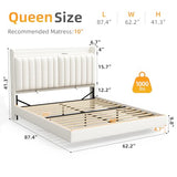 Jocoevol Queen Size Floating Bed Frame with Ergonomic Hidden Storage Headboard and LED Lights, Visual Floating LED Bed Frame with Charing Station, Velvet Upholstered Platform Bed, Heavy Duty, White Jocoevol